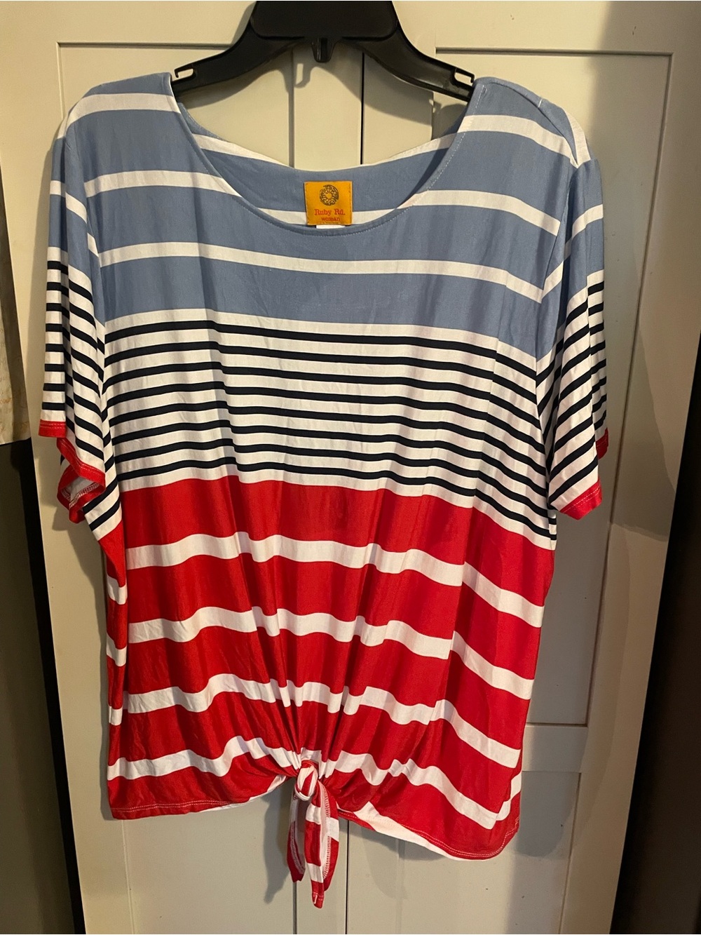 Ruby Rd. Striped Tie-Front Short Sleeve Top - Blue, White & Red